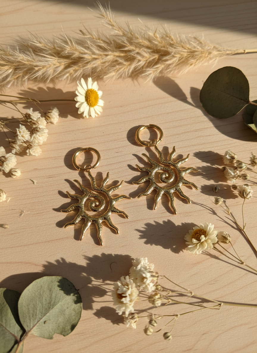 Boucles d'Oreilles Créoles Créateur « Solstice » – Pendentif Soleil & Spirale Doré