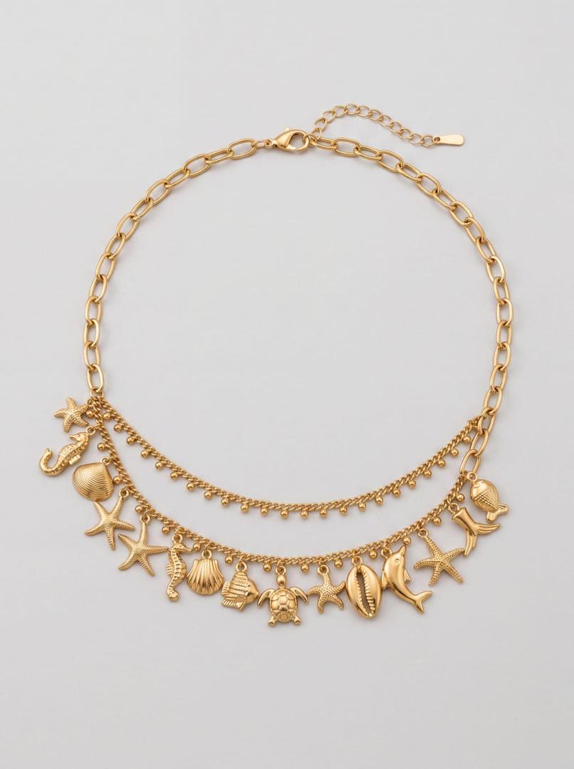 Collier Multi-Charms Marins et Double Chaîne Dorée