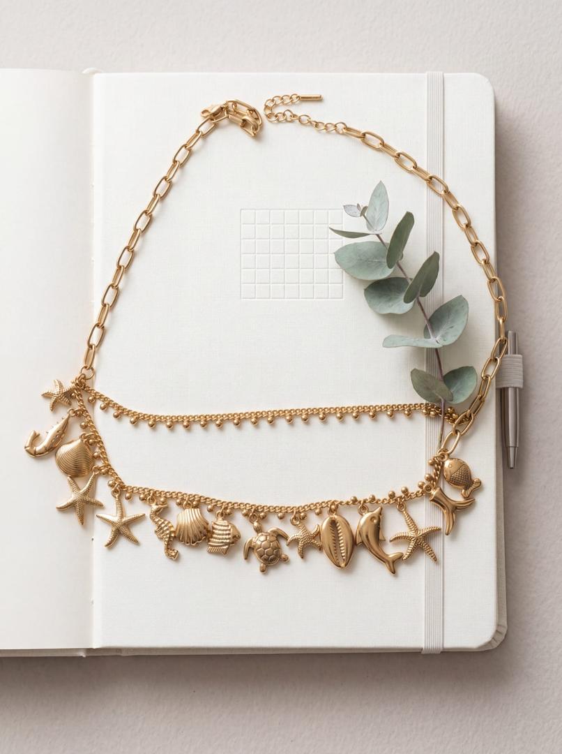 Collier Multi-Charms Marins et Double Chaîne Dorée