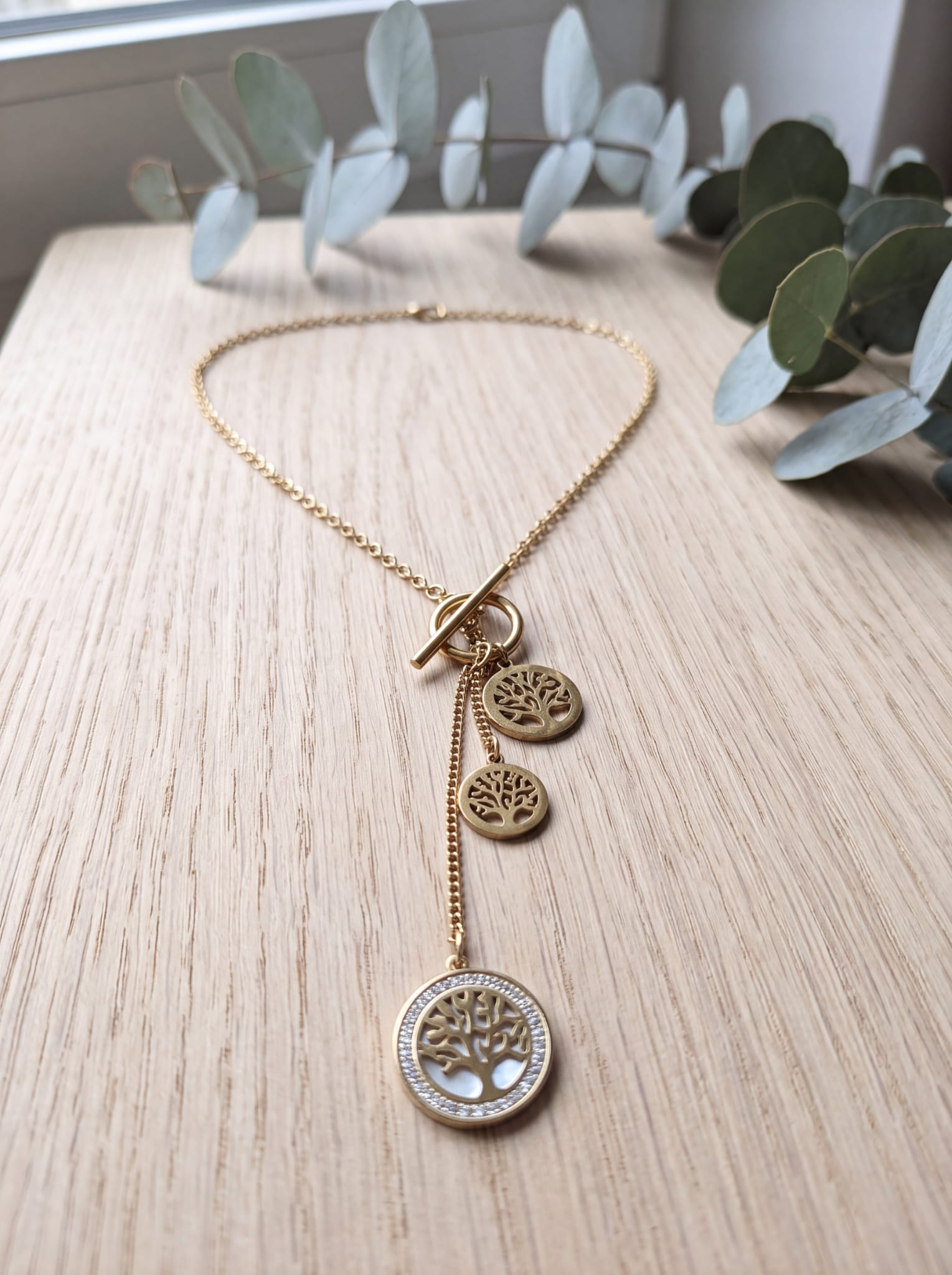 Collier en Y Arbre de Vie Doré à Fermoir Toggle – Acier Inoxydable