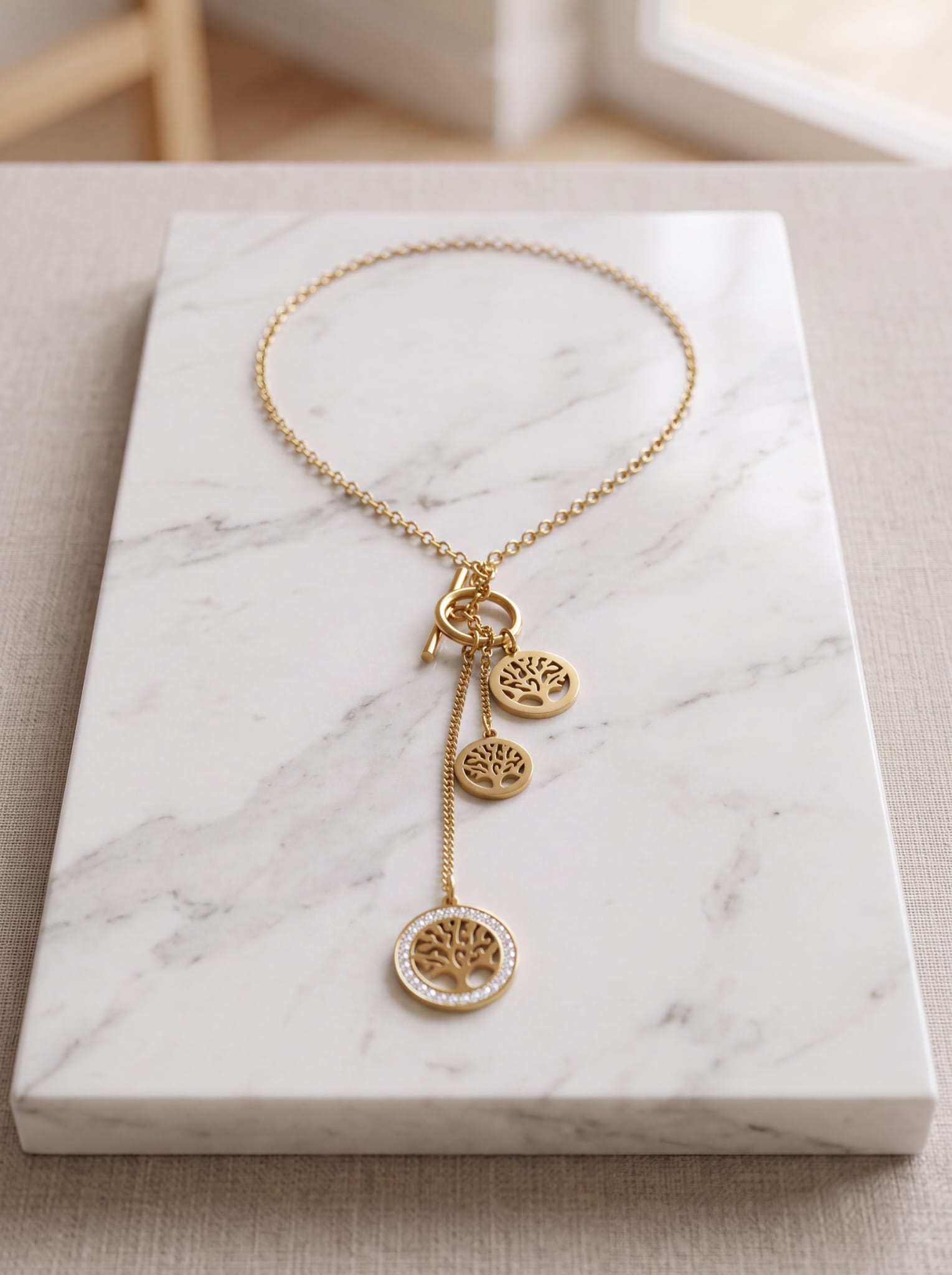 Collier en Y Arbre de Vie Doré à Fermoir Toggle – Acier Inoxydable