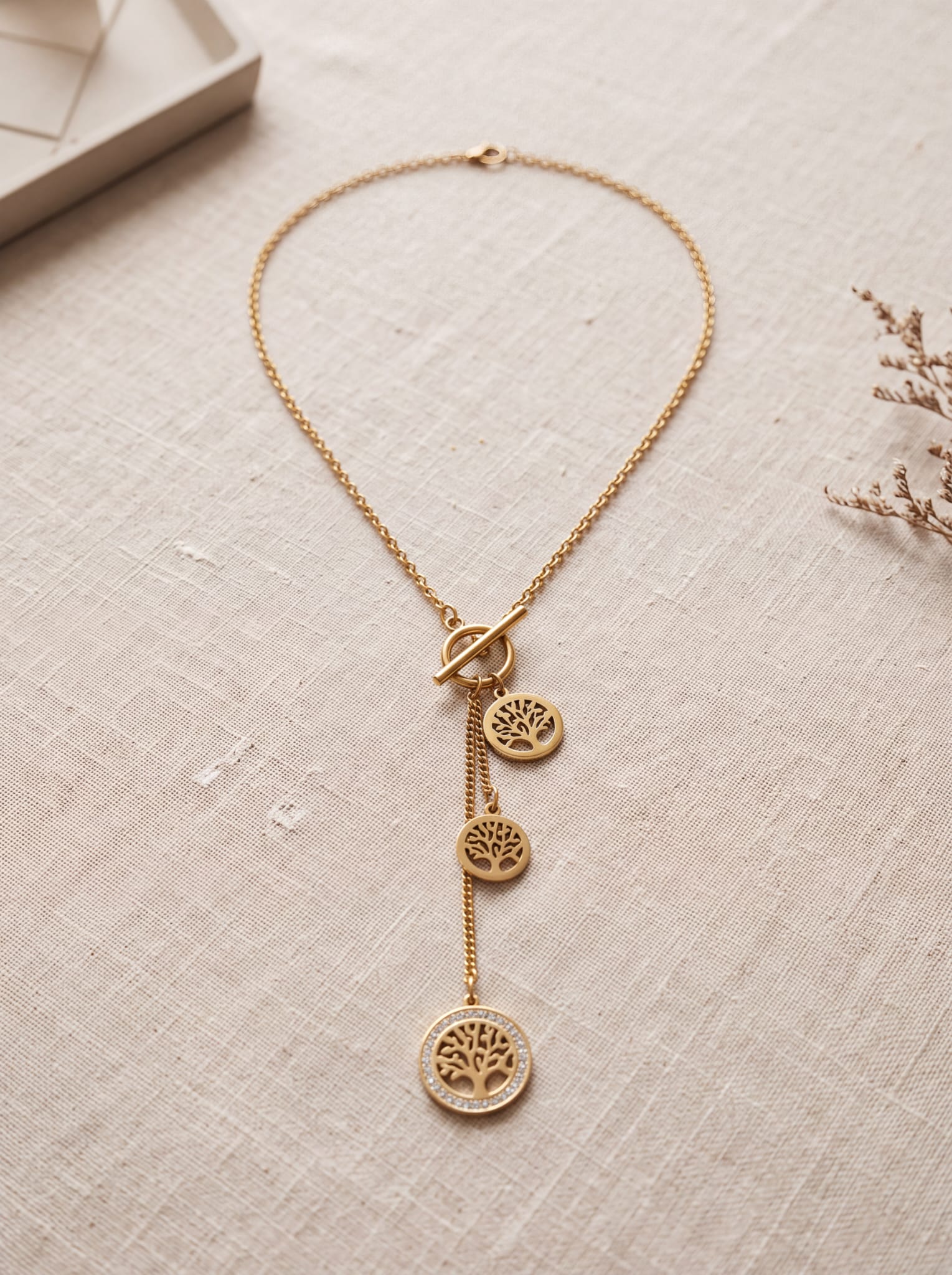 Collier en Y Arbre de Vie Doré à Fermoir Toggle – Acier Inoxydable